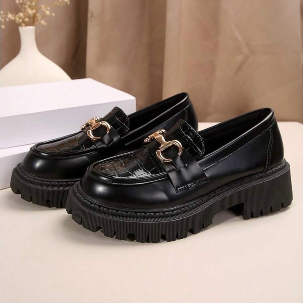 Women's Black Loafers with Gold Buckle